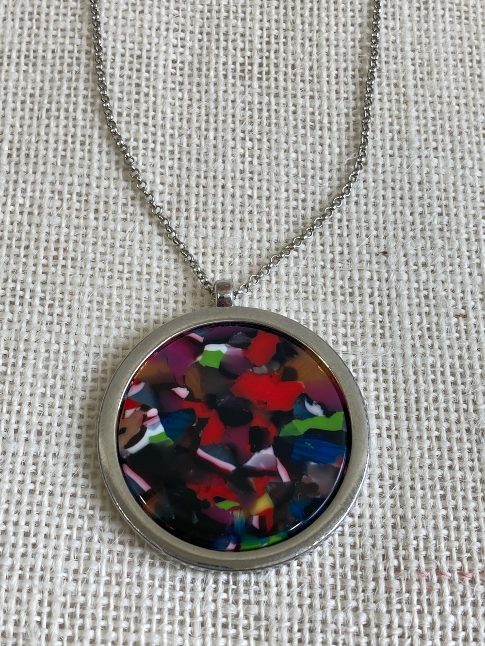 Multicolor Disc Pendant Necklace Silver Tone Long Necklace